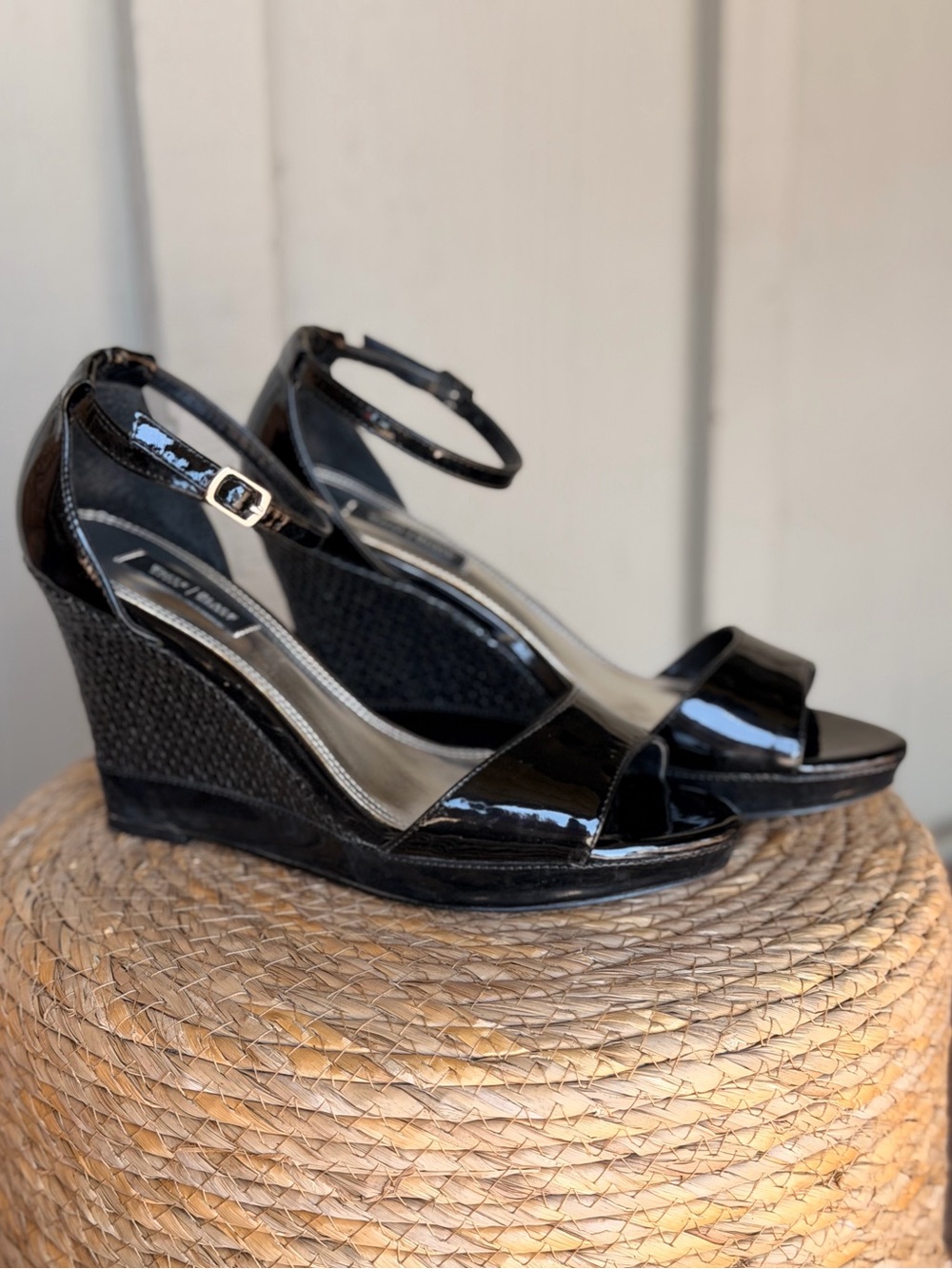 White House Black Market Black Patent Wedge Sandals with Ankle Strap